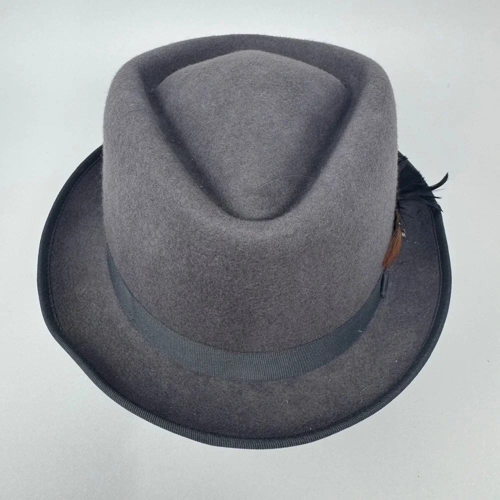 Milani Mens XL Grey 100% Wool Fedora Hat with Feather Detail and Grosgrain Band